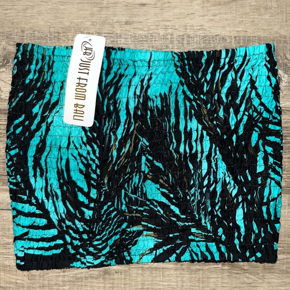 Just From Bali Womens Turquoise/Black Palm Leaves Tube/Crop Top Free Size/OS NWT